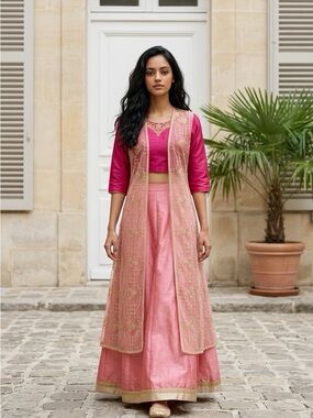 Ethnic Indian Wear Pink Embroidered Maxi Skirt Set with Overlay